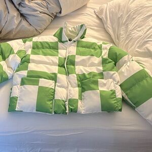 Green and White Checkered Puffer Jacket
